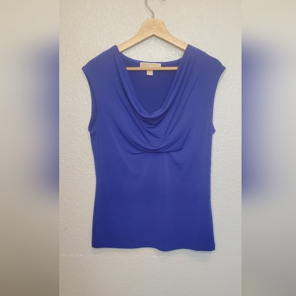💚5/$25 Michael Kors Blue Draped Neck Sleeveless Blouse Top Stretchy Size Medium - Picture 1 of 5